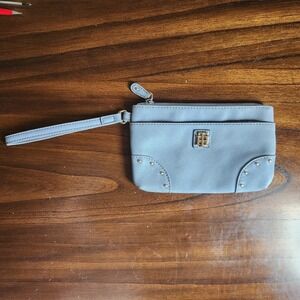 Tommy Hilfiger clutch wristlet pouch 8.75"x4.5" Vegan Leather Light Blue Gray